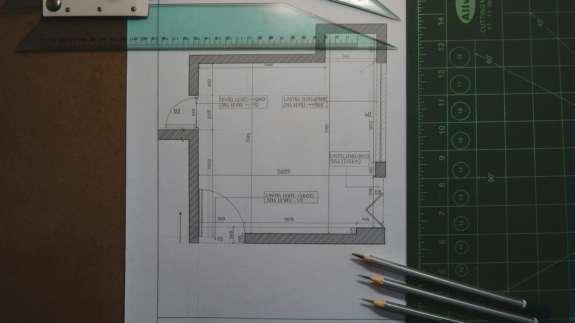 Architectural blueprint with measuring tools